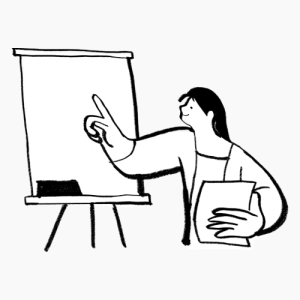 drawing of person pointing at flipchart
